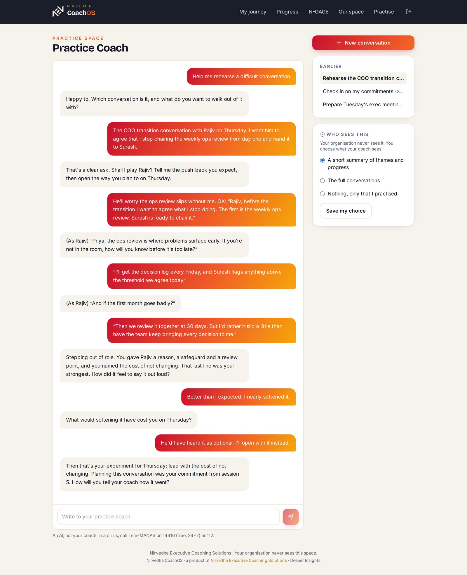 The coachee's practice space: rehearsing a conversation with the CEO, the AI coach playing him in role and then debriefing